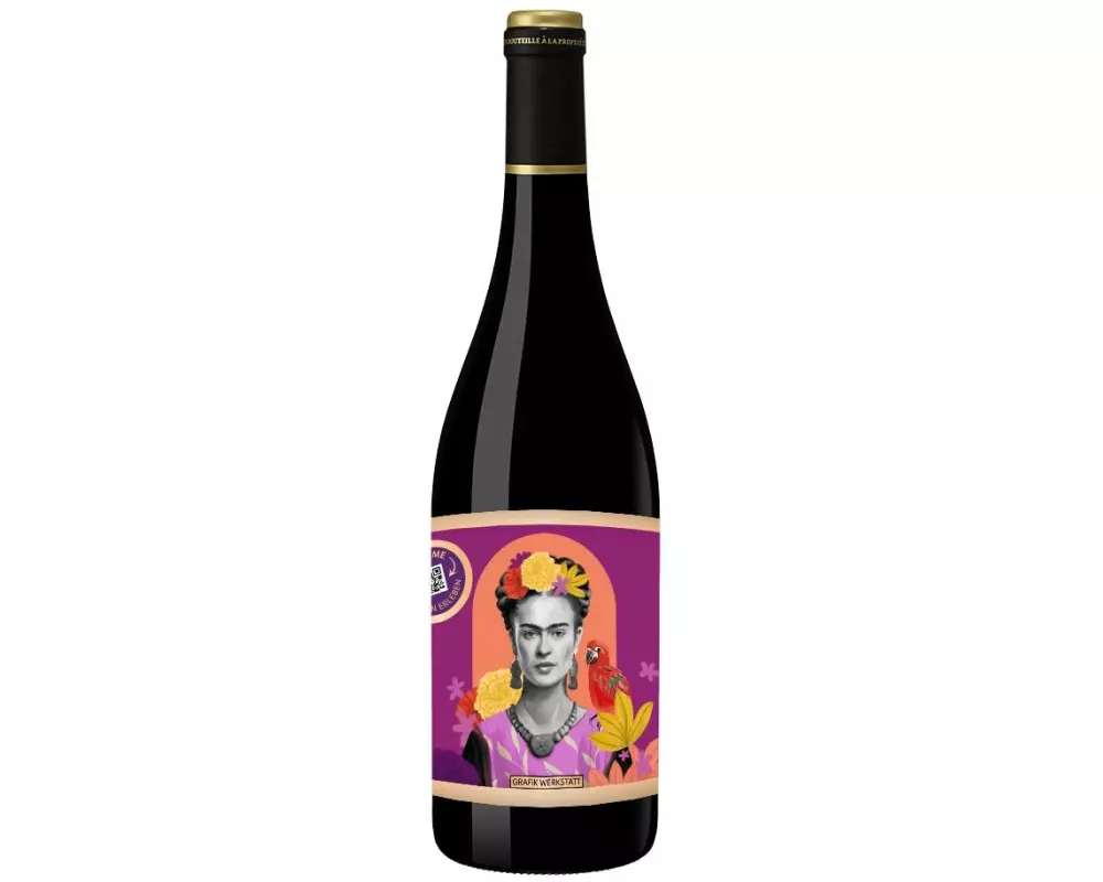 Grafik Werkstatt Rotweinflasche Frida Kahlo