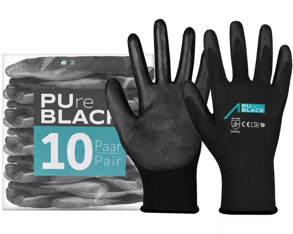 ACE Arbeitshandschuh 10 Paar PureBlack PU Grösse: L, Schwarz