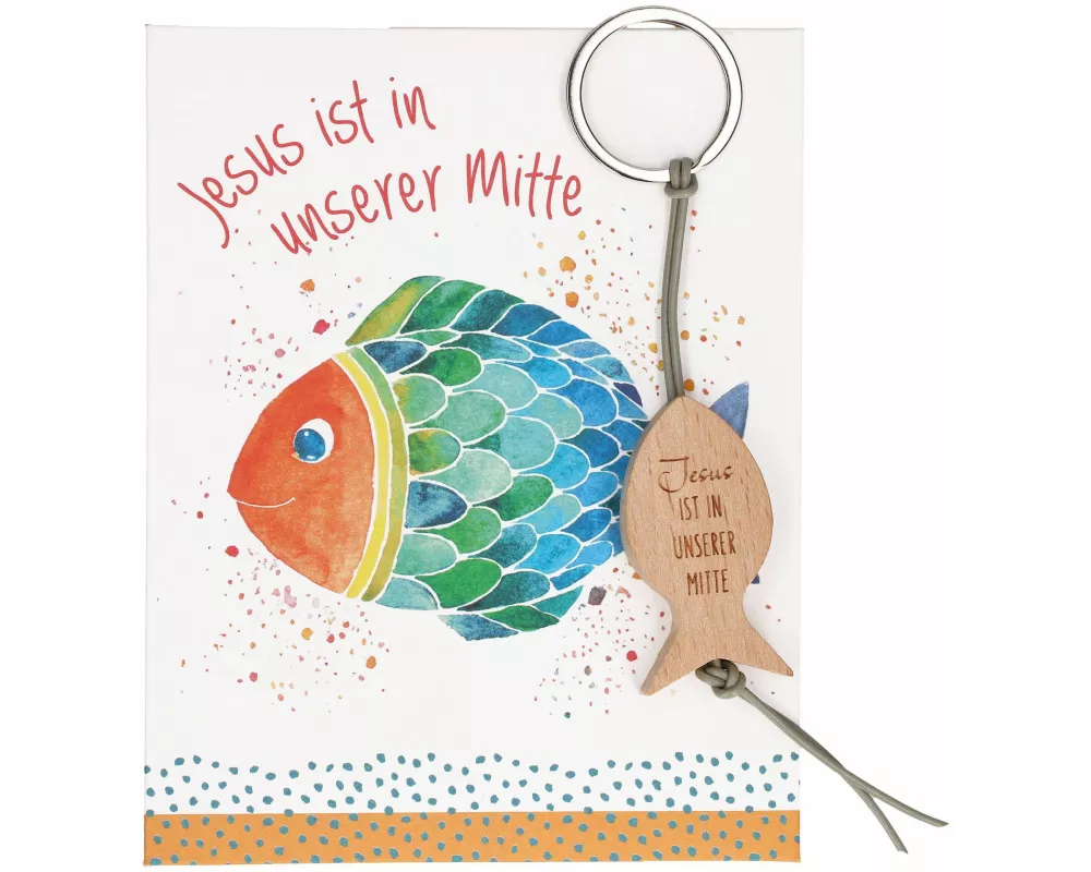 Fisch-Schlüsselanhänger aus Buchenholz mit Lederband mit Gravur „Jesus ist in unserer Mitte“