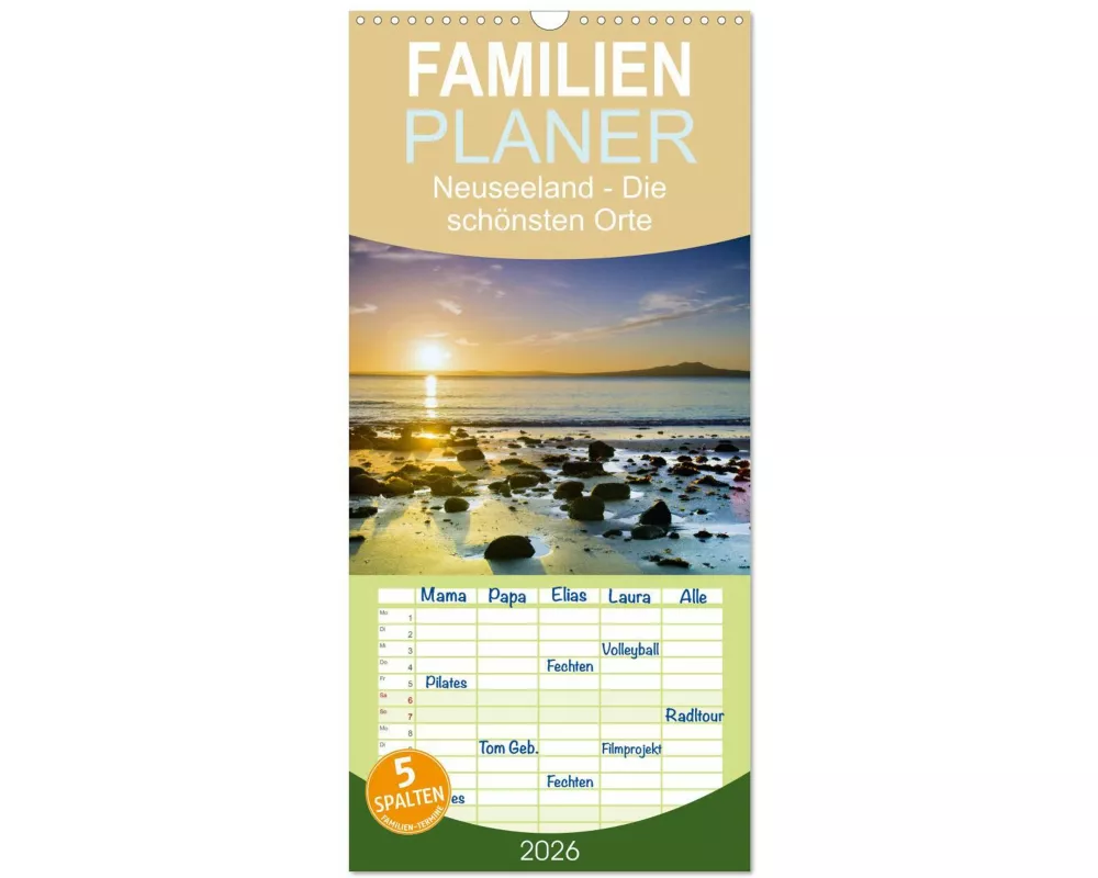 Familienplaner 2026 - Neuseeland - Die schönsten Orte am anderen Ende der Welt mit 5 Spalten (Wandkalender, 21 x 45 cm) CALVENDO