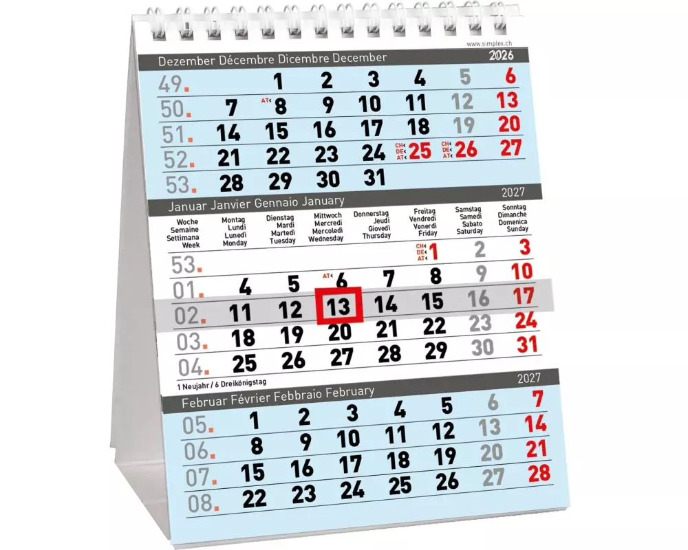 Simplex Pultkalender 2027 3-Monats Planer 12.5 x 15.5 cm