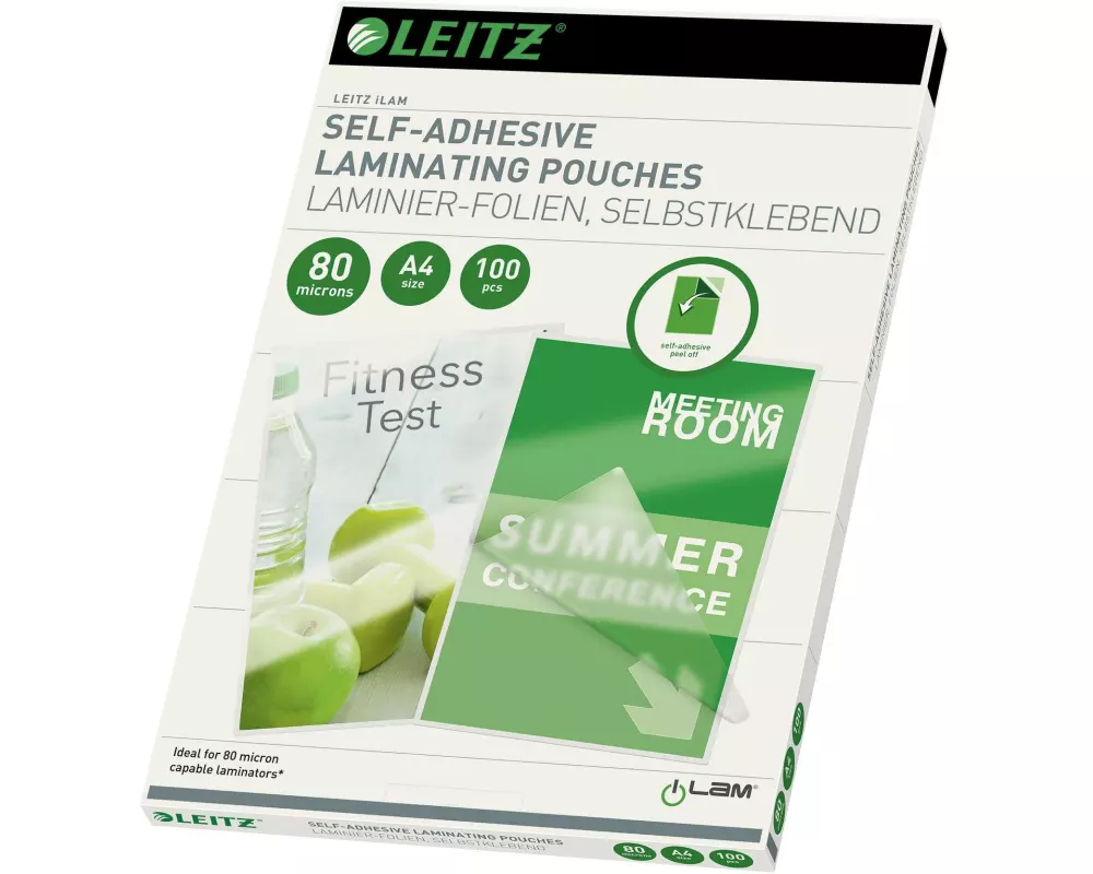 Leitz Laminierfolie A4, 80 µm, 100 Stück, Glänzend, Selbstklebend
