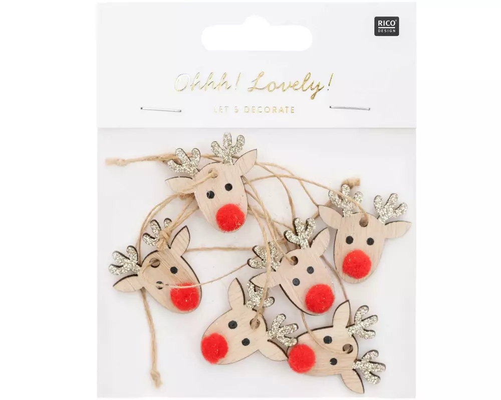 Rico Design Aufhänger Rentier 6 Stück, Natur/Gold