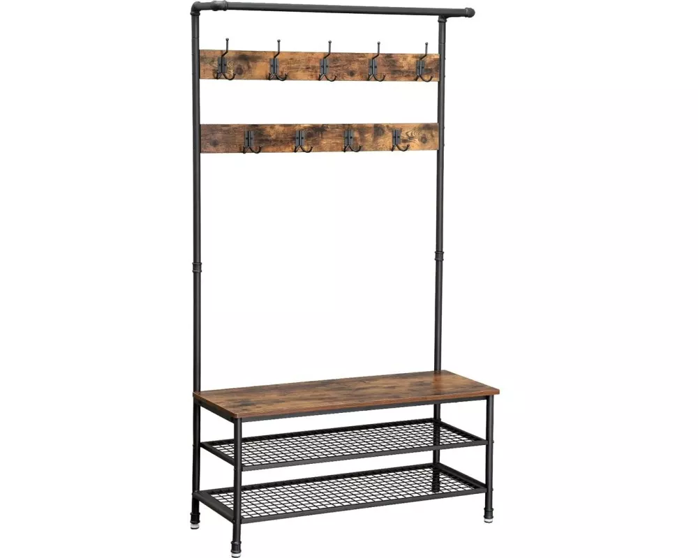 VASAGLE Garderobe mit Schuhablage 182 cm, Braun/Schwarz