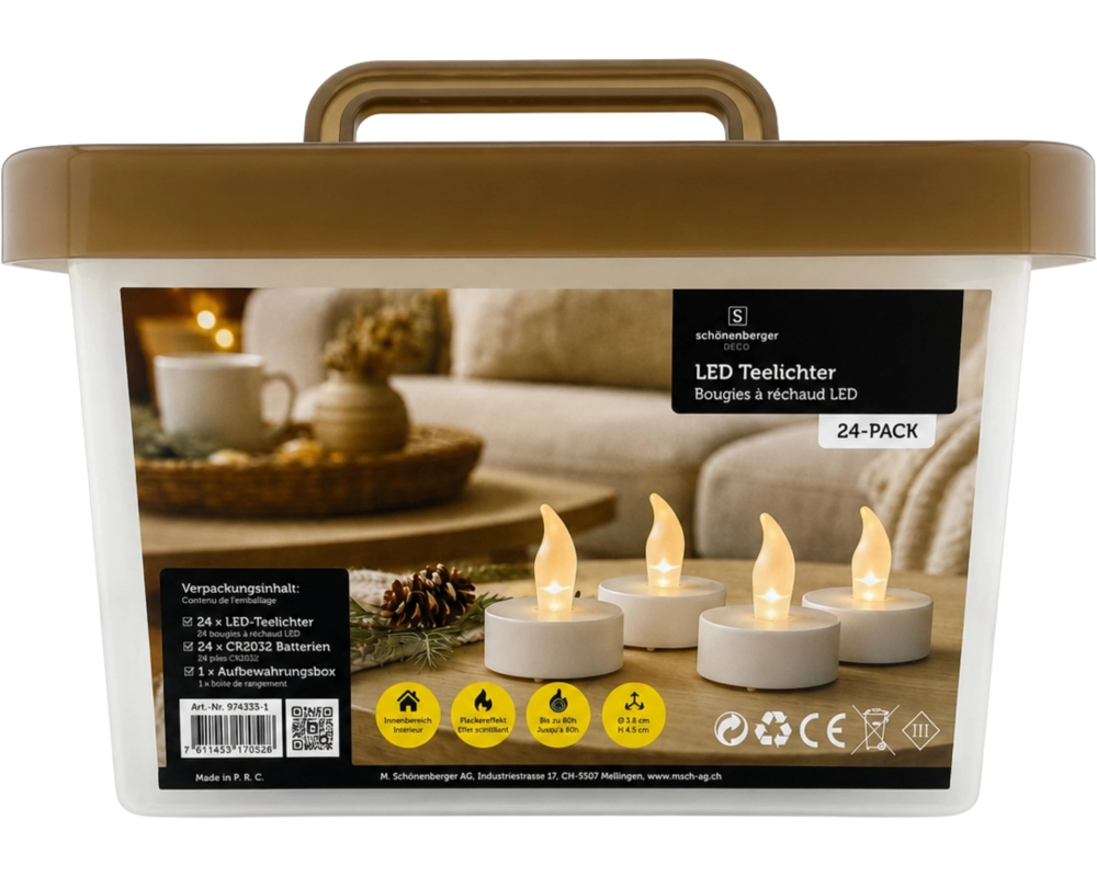 Schönenberger LED Teelicht 24er Pack 4.5 cm Höhe, Timerfunktion