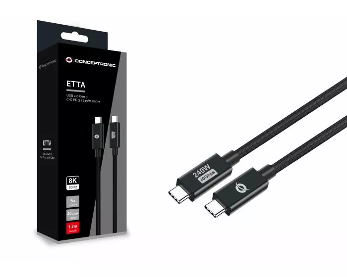 "ETTA04B12 USB 4.0 Gen 3 C-C PD 3.1 240W Cable 1.2M, 48V 5A, 40Gbps, 8K60Hz, E-Mark"