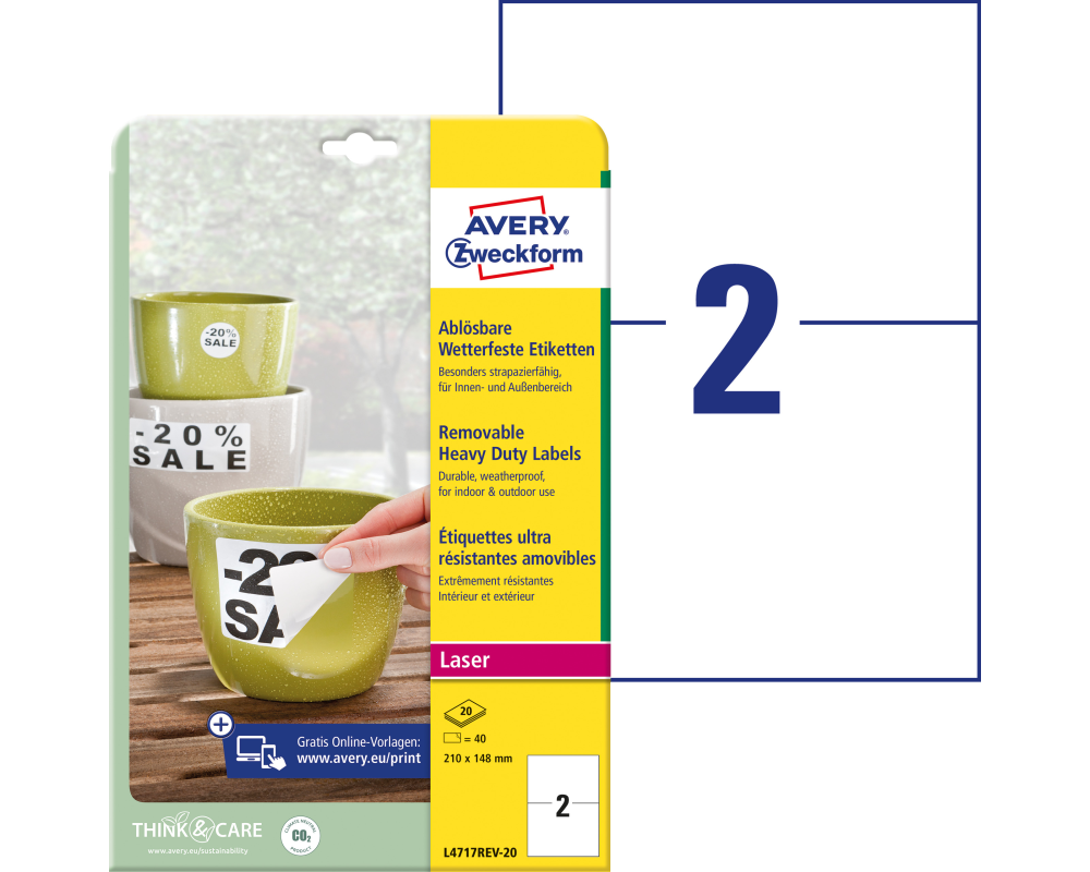 AVERY ZWECKFORM Etiketten Laser 210x148mm L4717REV2 weiss,wetterfest,ablösbar 20B.