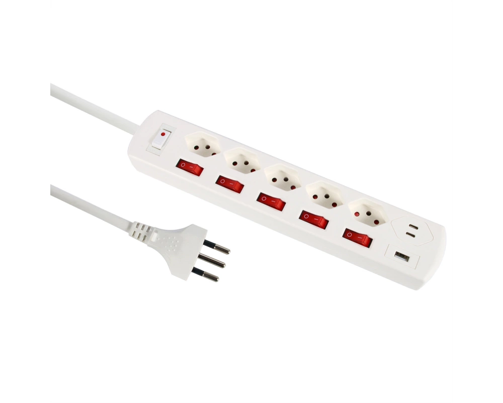 Schönenberger Steckdosenl. Principio+, 1xH/4xV, 5x T13, 2.0m,USB C, schwarz