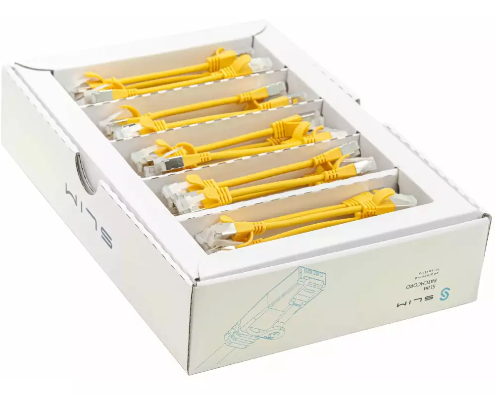SLIM Slimpatchkabel RJ-45, Cat 6A, U/FTP, 0.1 m, Gelb, 50-Pack