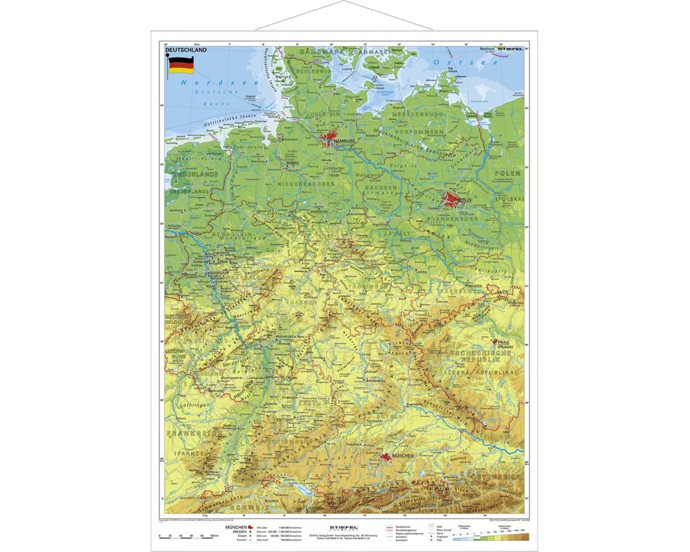 Deutschland physisch. Wandkarte mit Metallleiste