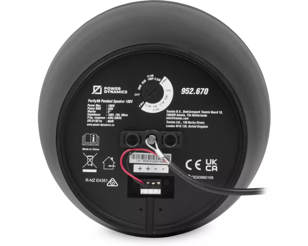 Power Dynamics Purity8B Pendellautsprecher 100 V 8 Ω 8 Zoll Schwarz