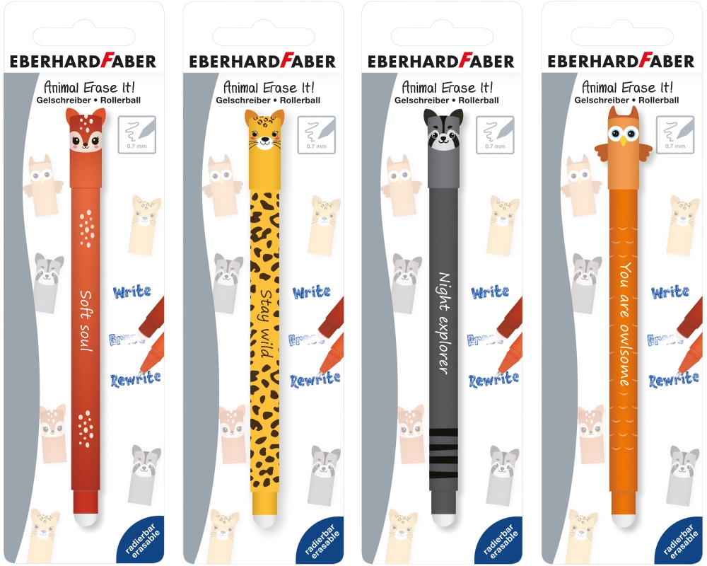 EBERHARD FABER Gelschreiber Erase It 0.7mm 582128 Animal Blister, ass.