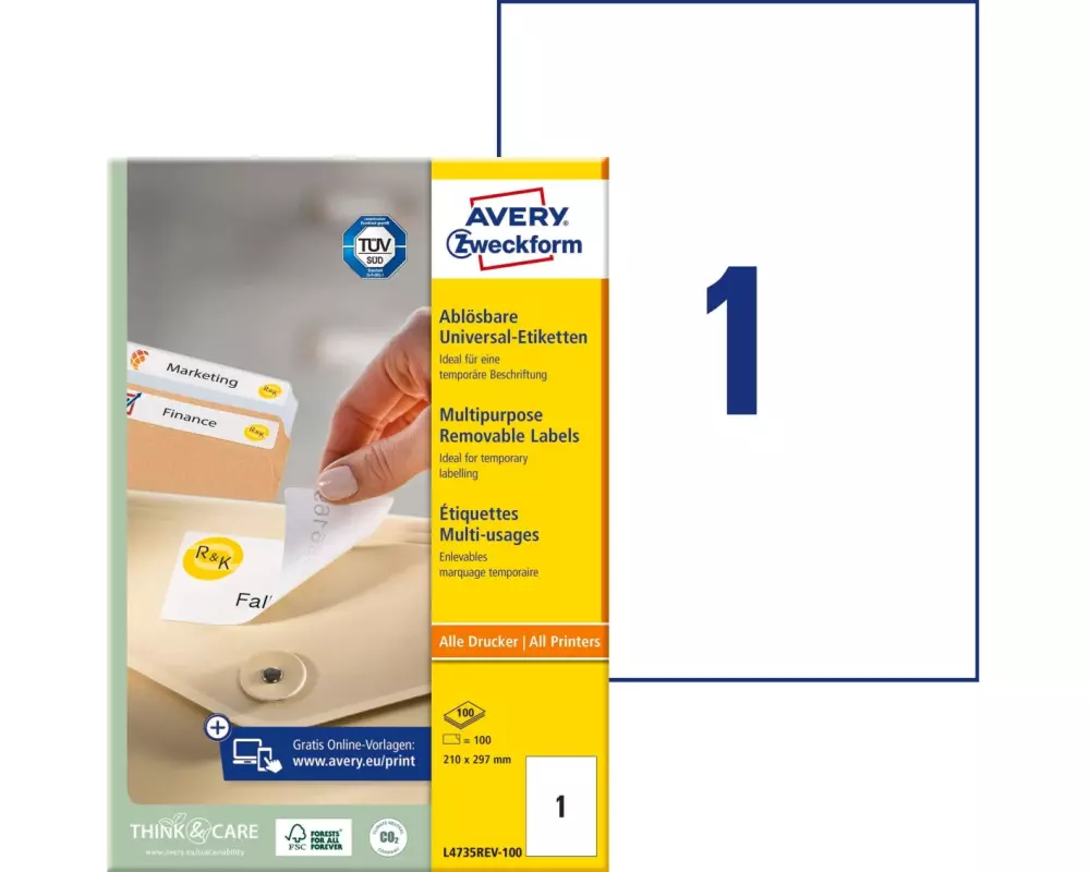 Avery Zweckform Universal-Etiketten Stick + Lift 210 x 297 mm, 100 Blatt