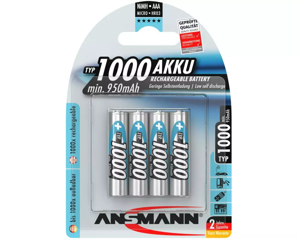 Ansmann Akku Typ 1000 NiMH AAA 1000 mAh, 4 Stück