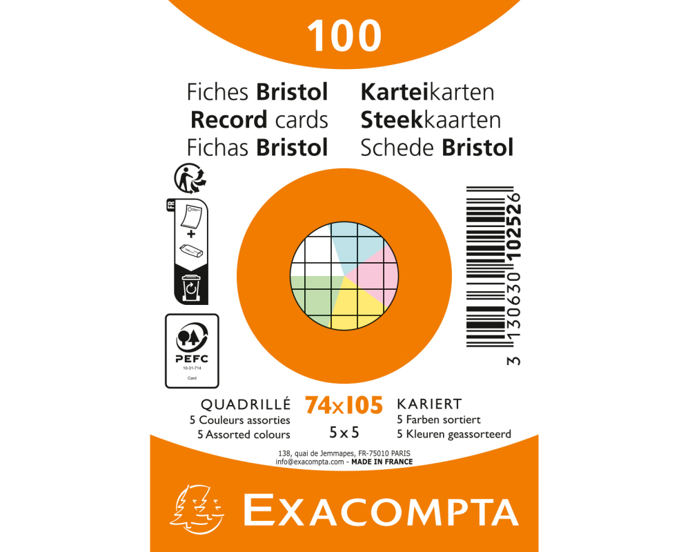 EXACOMPTA Karteikarten kariert A7 10252E farbig assortiert 100 Stück