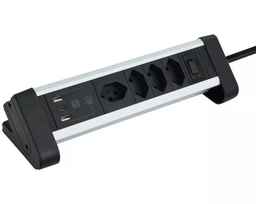 Schönenberger Tischsteckdosenleiste Alu 4× T13, 1x USB-C, 2x USB-A, 2 m