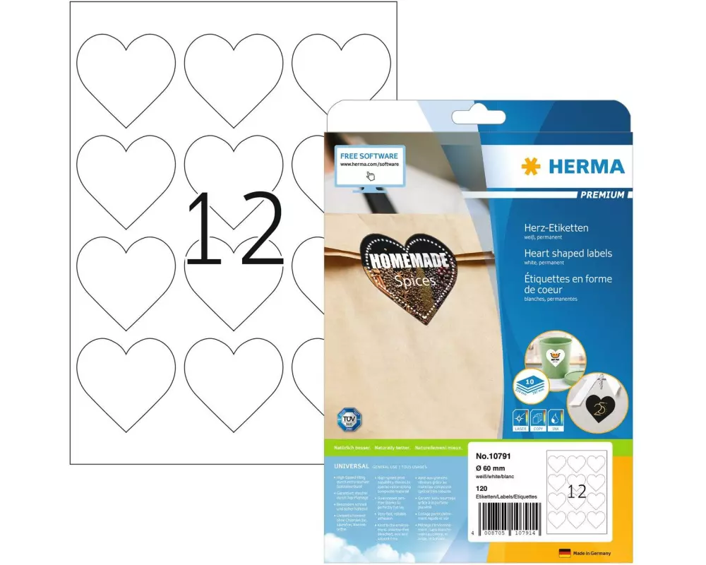 Herma Stickers Motivsticker Herzen Weiss, 10 Blatt mit je 12 Stickern