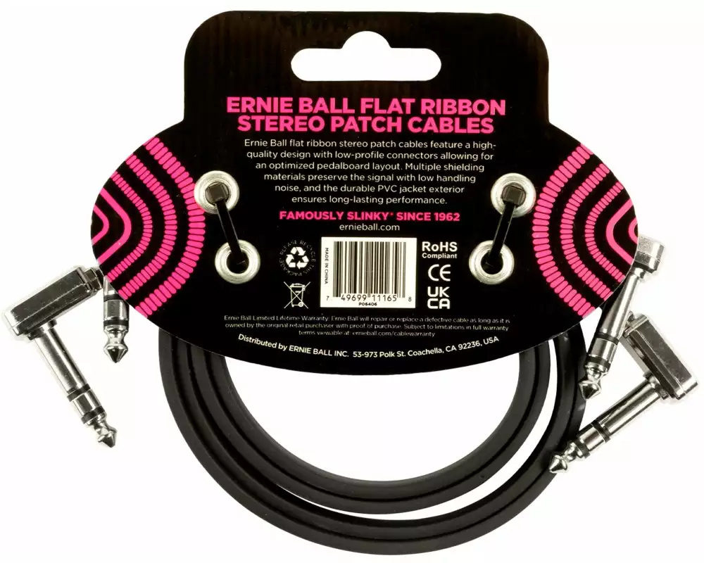 Ernie Ball Patch-Kabel 6406 Flat Ribbon, 2er Pack – 0.61 m, Schwarz
