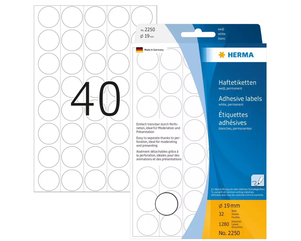 HERMA Vielzweck-Etiketten 2250 Weiss Ø 19 mm, 32 Blatt