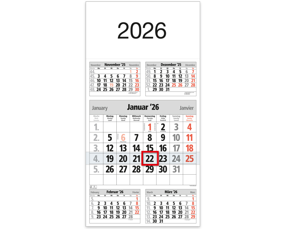 BÜHNER 5-Monatskalender 2026 M5TF-R-Block ML 30x59cm