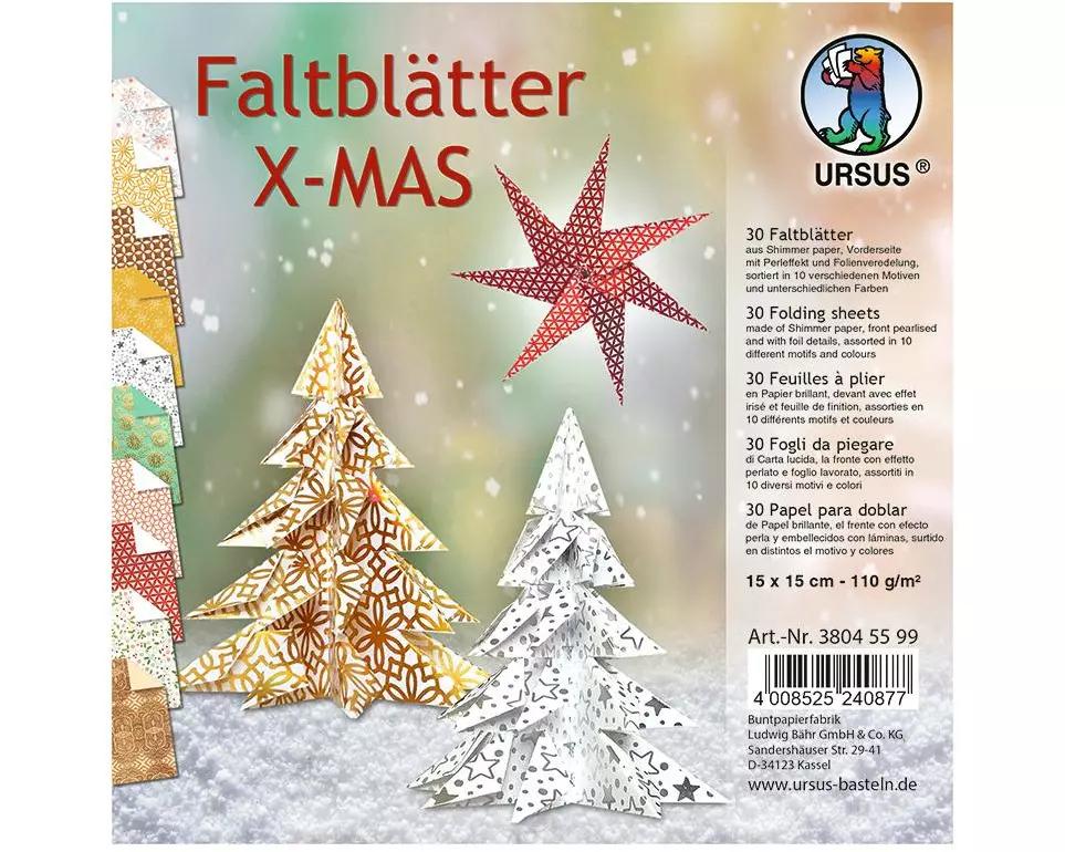 URSUS Faltblätter X-Mas 15 x 15 cm, 110 g/m², 30 Blatt, Mehrfarbig