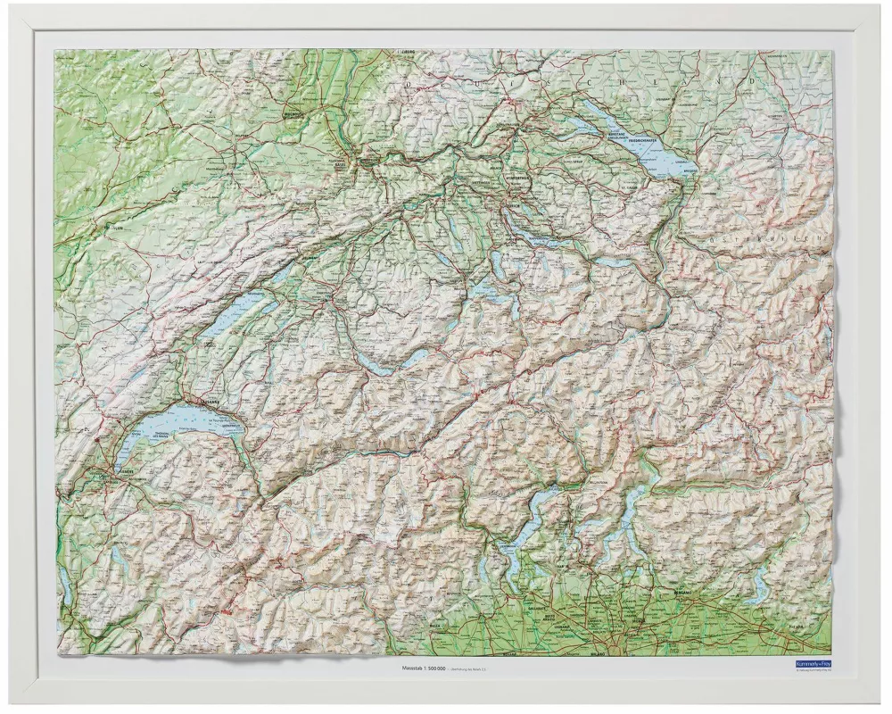 Kümmerly+Frey Relief Karte Schweiz mit Holzrahmen weiss lackiert 1:500.000