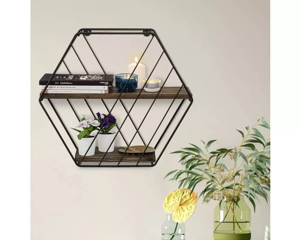 Woody Fashion Wandregal Liliales 44 x 40 x 15 cm, Schwarz/Walnuss