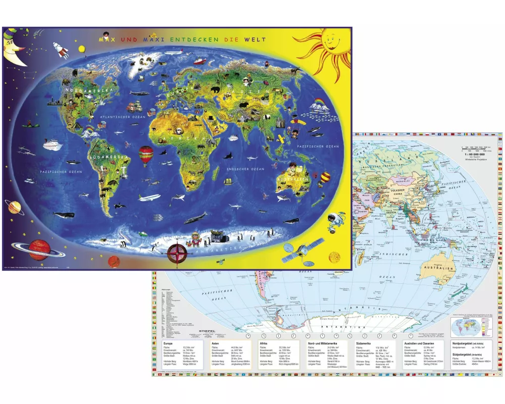 Kinderweltkarte Staaten der Erde mit Flaggenrand. DUO-Schreibunterlage
