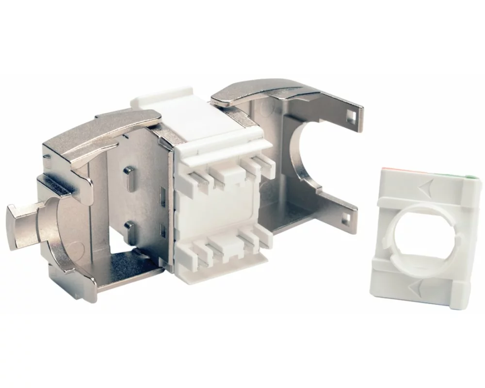 EATON TRIPPLITE Toolless, Shielded, Cat6a, Keystone, Jack, PoE/PoE+, Compliant, Shuttered, Silver, TAA