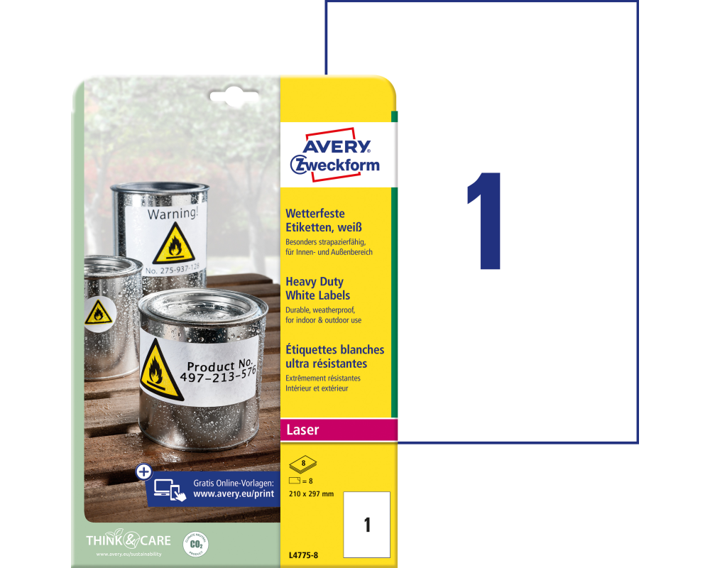 AVERY ZWECKFORM Wetterfeste-Etikett. 210x297mm L4775-8 weiss 8 Blatt/8 Stk.