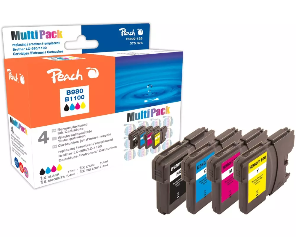 Peach Tintenset Brother LC-1100/980 BK, C, M, Y