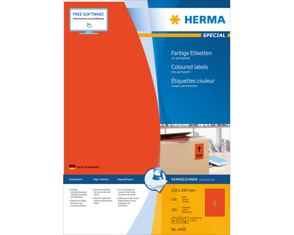 HERMA Etiketten SPECIAL 210x297mm 4402 rot,perm. 100 St./100 Bl.