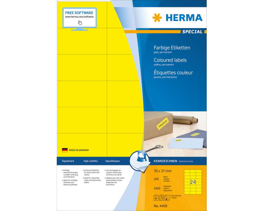 HERMA Etiketten SPECIAL 70x37mm 4406 gelb,perm. 2400 St./100 Bl.