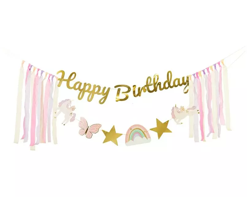 Partydeco Girlande Happy Birthday Einhörner, Rosa/Gold, 230 x 17.5 cm