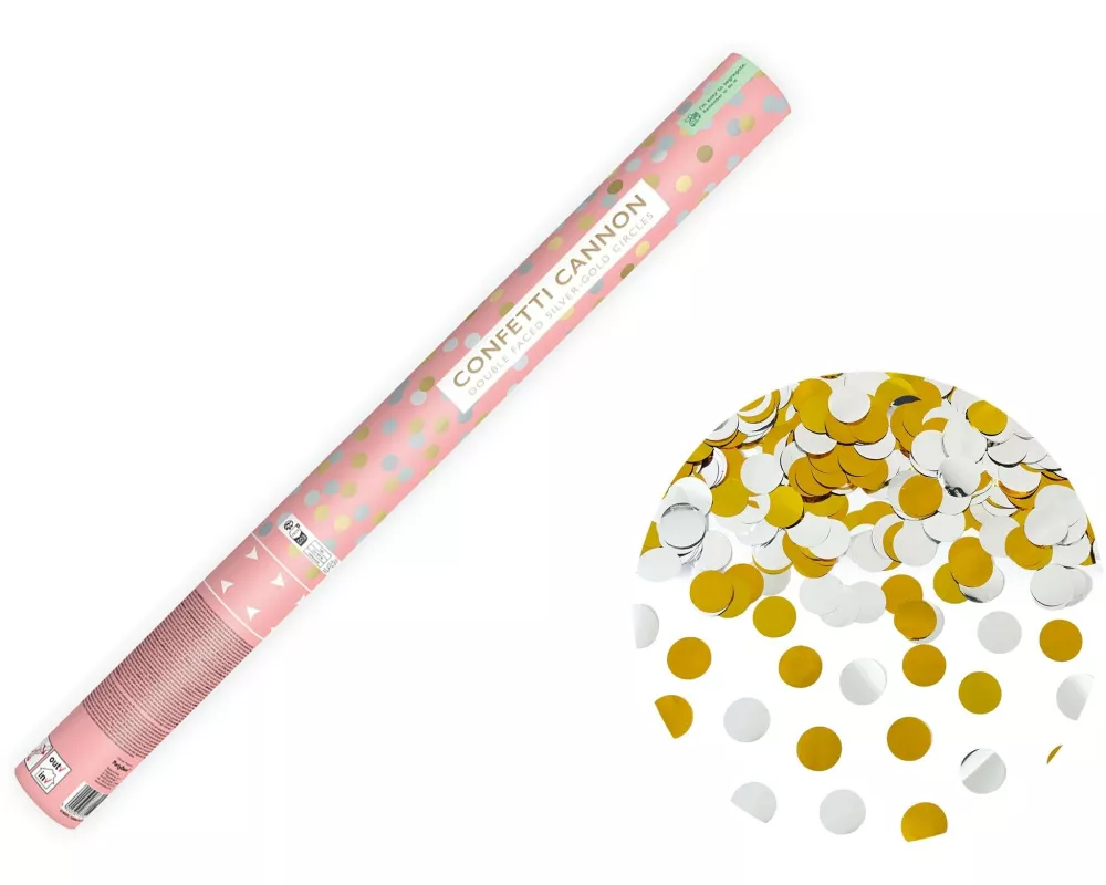 Partydeco Konfettikanone Kreise Gold/Silber, 60 cm
