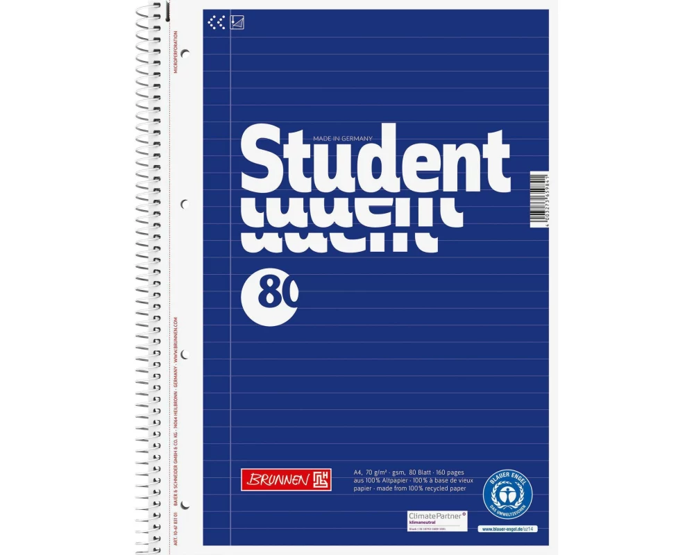 Brunnen Collegeblock A4 Recycling A4, Liniert, 80 Blatt