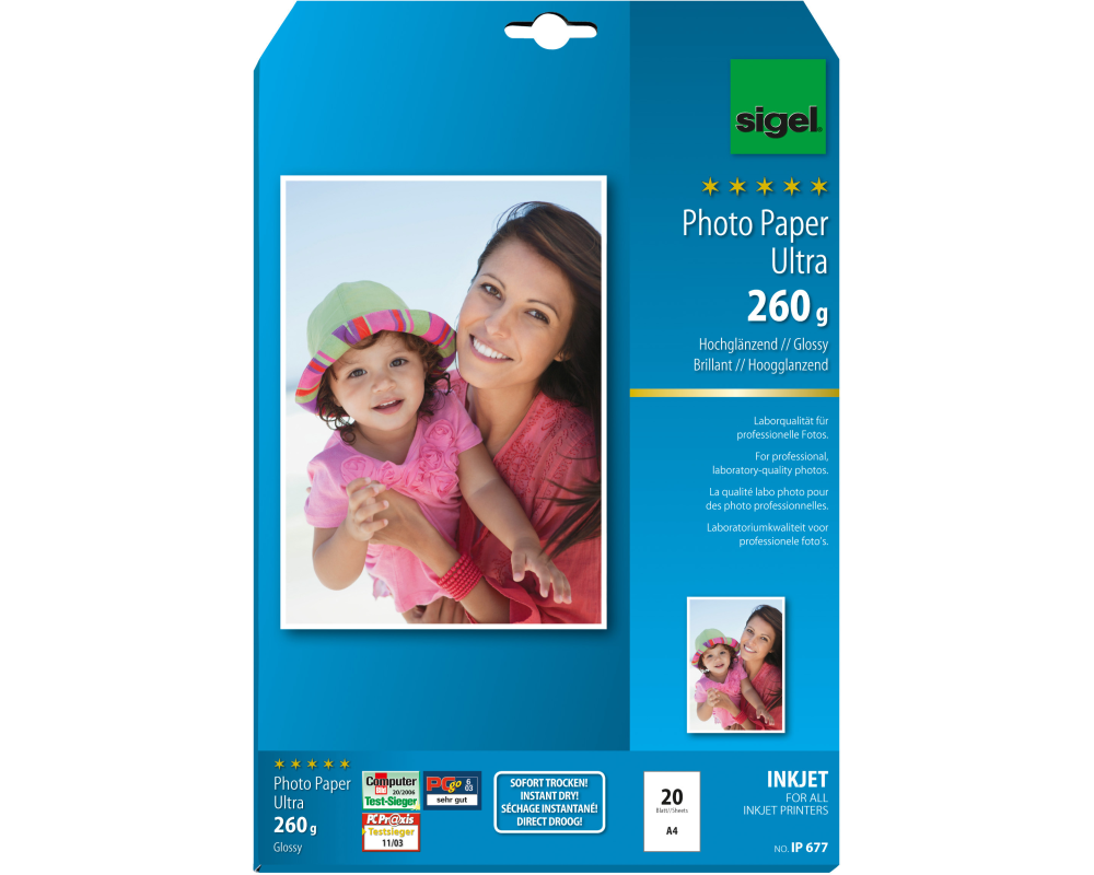 SIGEL InkJet Fotopapier A4 IP677 260g,glossy, weiss 20 Blatt
