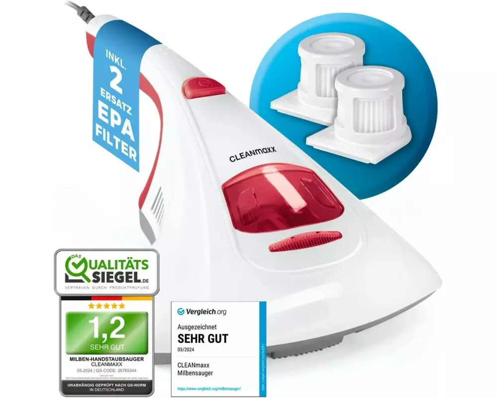 CLEANmaxx Milben-Handstaubsauger mit UV-C-Licht 300W, Weiss/Rot