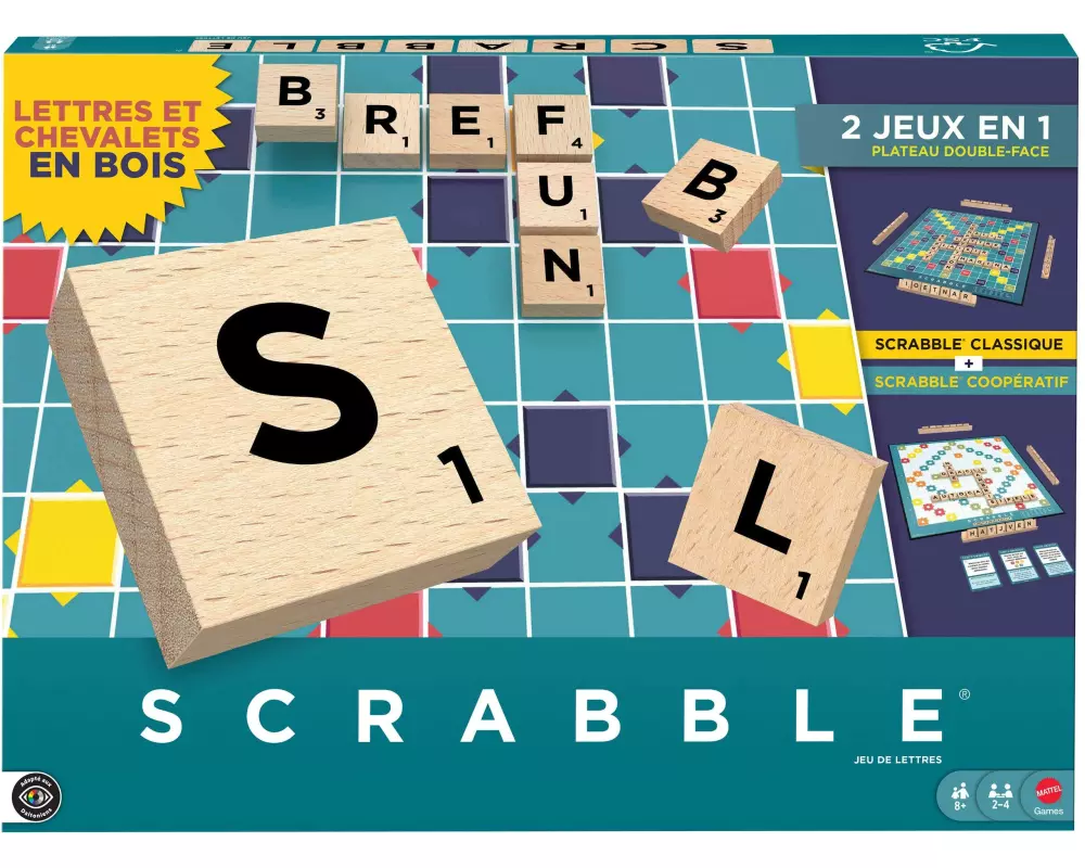 Mattel Spiele Scrabble Original Holz 2 in 1 , 2-4 Spieler – FR -