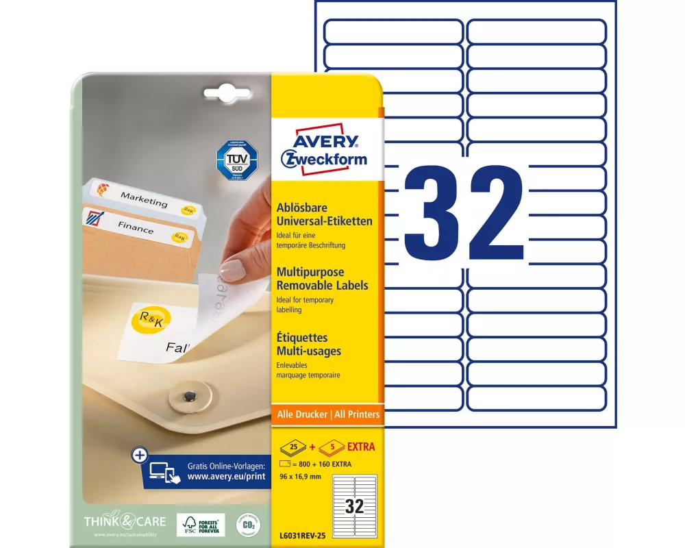 Avery Zweckform Universal-Etiketten Stick + Lift 96 x 16.9 mm, 30 Blatt