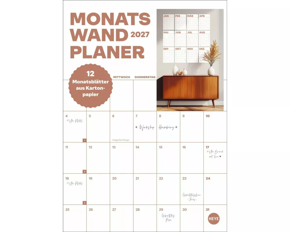 Monats-Wandplaner monochrom 2027 - 12 einzelne Blätter zur individuellen Nutzung