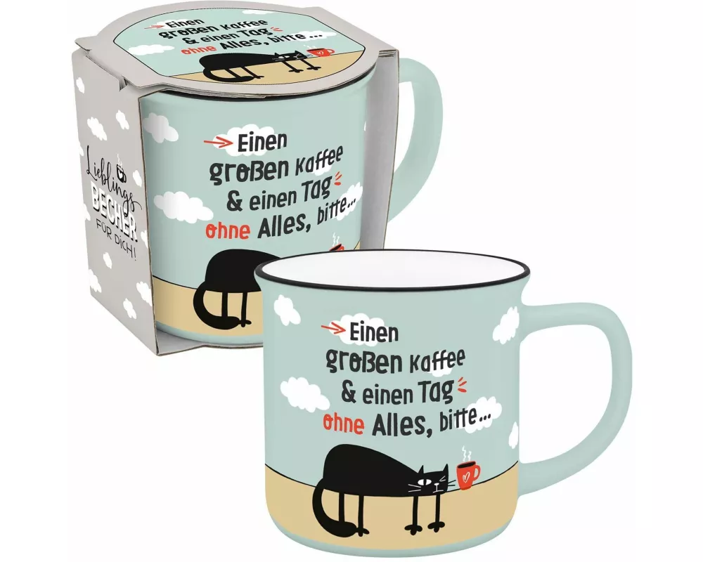 Becher in Emailloptik "Einen großen Kaffee & einen Tag ohne Alles, bitte..."