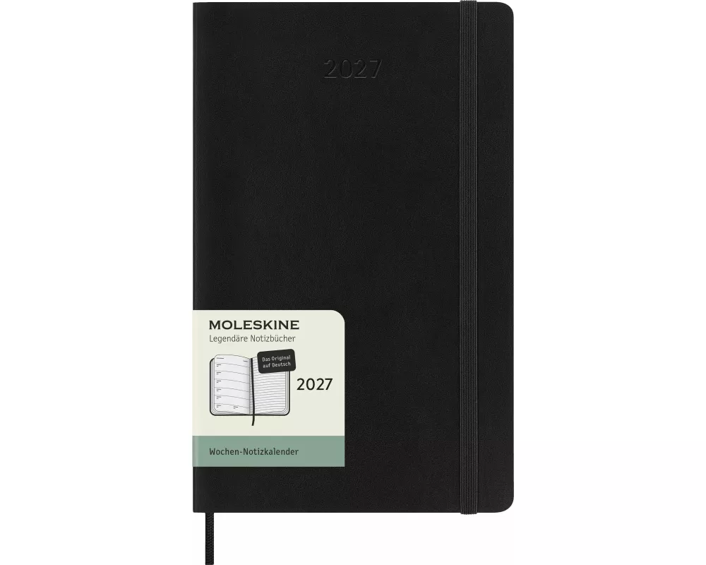 Moleskine 12 Monate Wochen Notizkalender deutsch 2027, Large/A5, 1 Wo = 1 Seite, rechts linierte Seite, weicher Einband, schwarz
