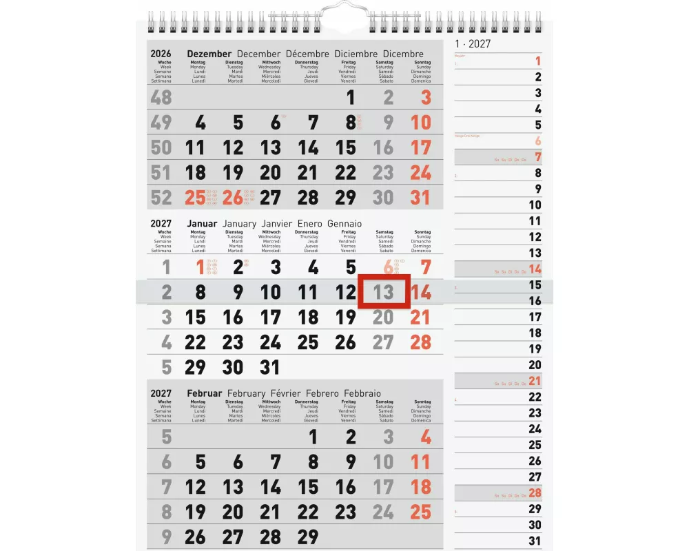 rido/idé 7033330007 3-Monatskalender 2027 grau, 300×390 mm