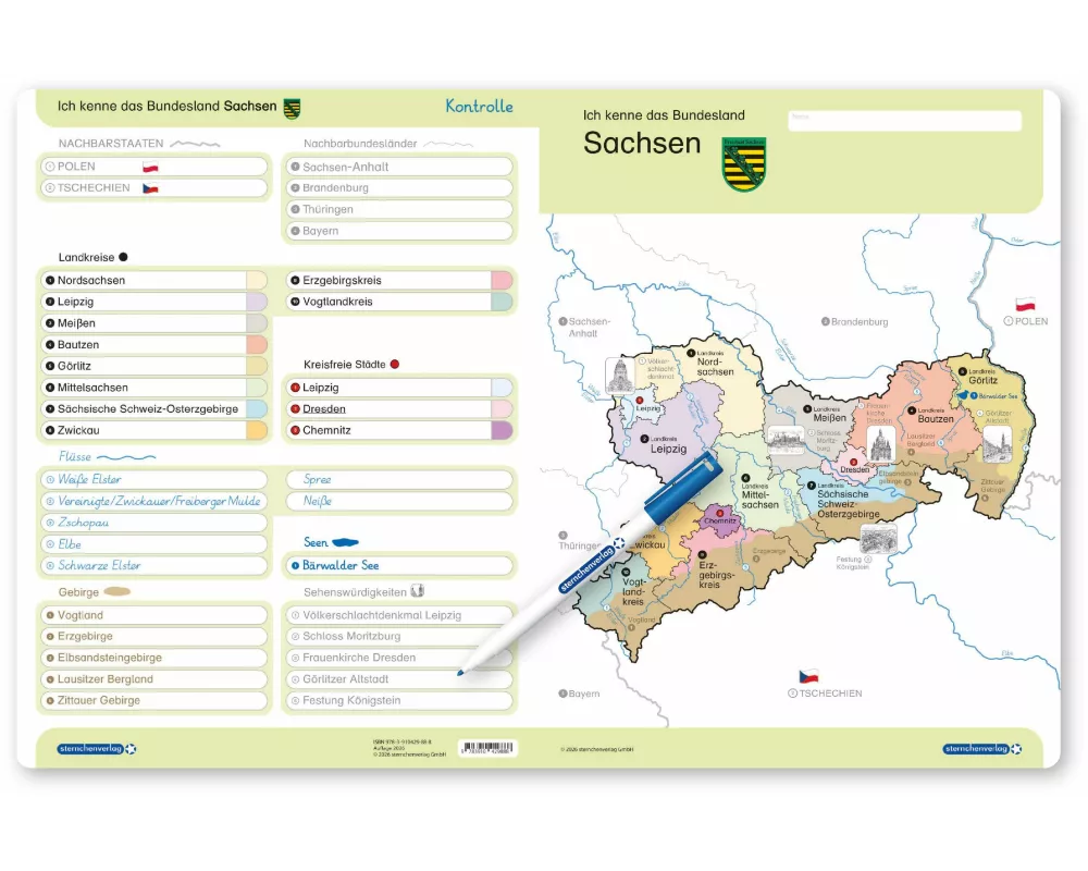 Ich kenne das Bundesland Sachsen- Lerntafel mit Stift