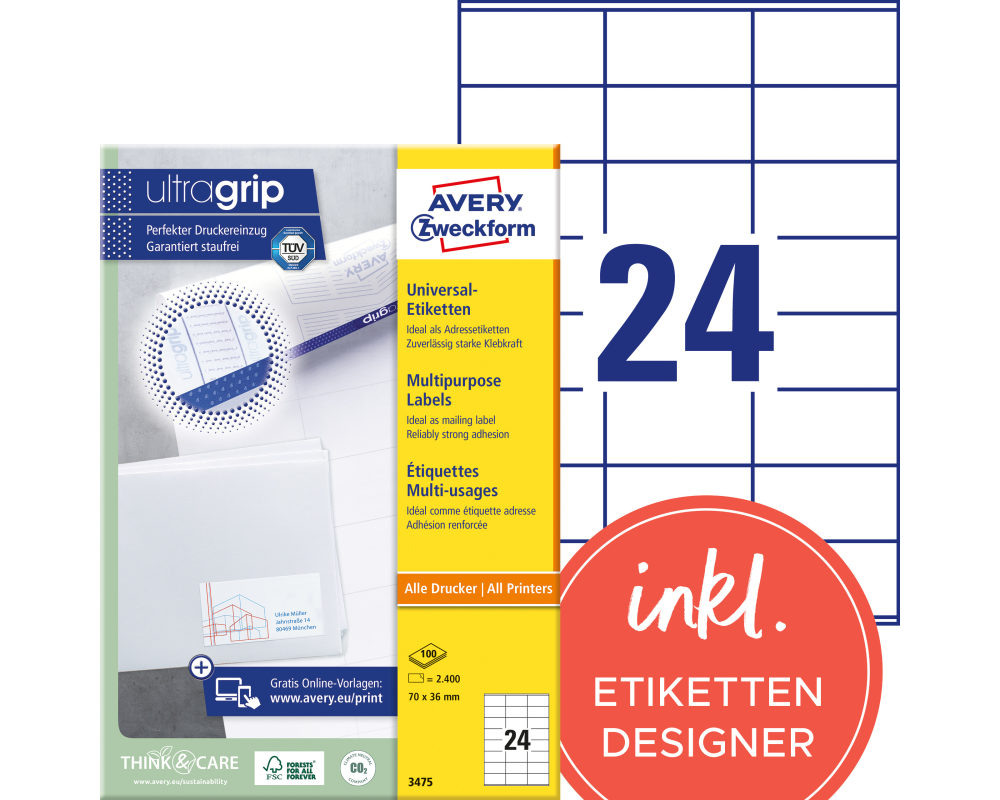 AVERY ZWECKFORM Etiketten 70x36mm 3475 weiss 2400 Stk./100 Blatt