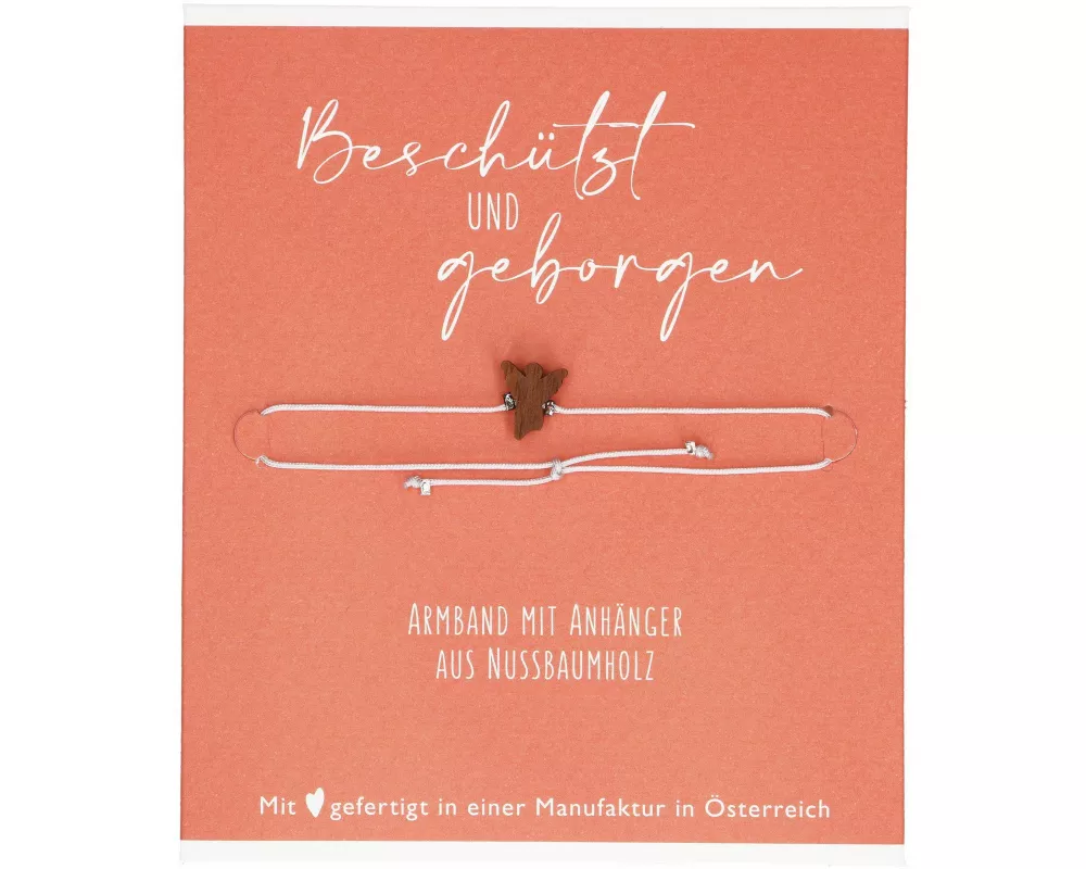 Hellgraues Textil-Armband mit Engel-Anhänger aus Nussbaumholz: Beschützt und Geborgen