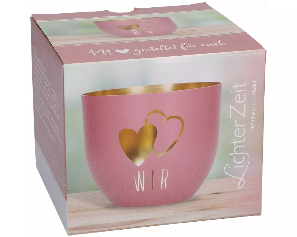 LichterZeit „Wir" Metall-Windlicht in Rosa mit Goldveredelung und durchbrochenem Herzmotiv