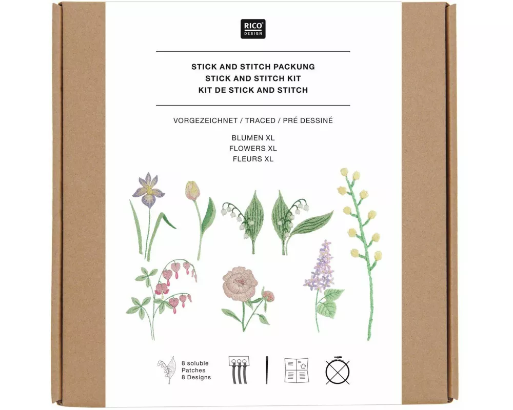 Stick & Stitch Packung, Blumen XL // 8 Stk., 8 Designs // Wasserlösliche Stickvorlage, Stickgarn, Sticknadel und Anleitung