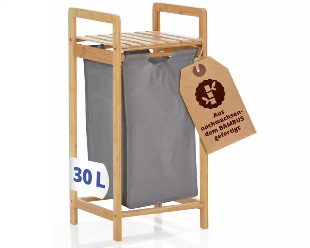 Lumaland Wäschekorb Bambus 30 l, Braun/Dunkelgrau